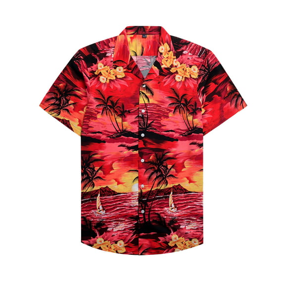 Mens Hawaiian Fancy Dress Shirt Sunset & Palms Print New 